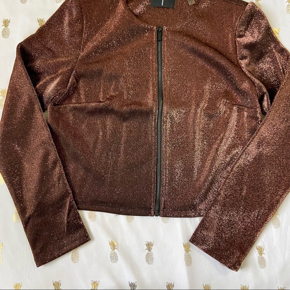 Tahari Bronze Shine Crop Zip Up Blazer Jacket - Picture 9 of 13